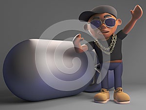 Cool black hiphop rapper standing by a huge bomb, 3d illustration