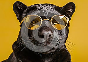 Cool black jaguar posing in sunglasses against a yellow background.