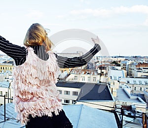 cool blond real girl friends making selfie on roof top, lifestyl