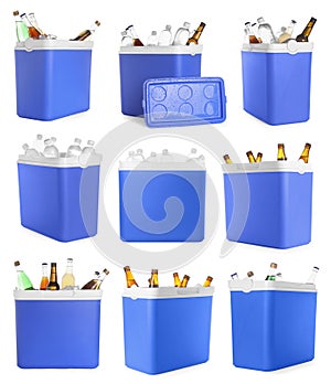 Cool boxes with different drinks isolated on white, set