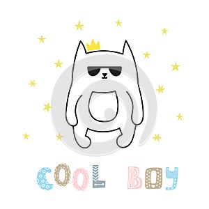 Cool boy. Cute hand drawn postcard with funny cat. Poster for little boys. Doodle style. Sketchy character