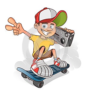 Cool boy skater with ghetto blaster, vector cartoon character