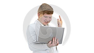 Cool Boy In White Suit Standing Using Laptop And Making Win Gest