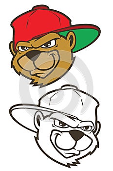Cool brown cartoon hip hop bear character with cap.