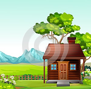 Cool Brown Wood House In Grass Field With White Flower And Mountain Range In Background Cartoon