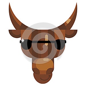 Cool bull face in sunglasses emoji, cow wear sun glasses icon isolated