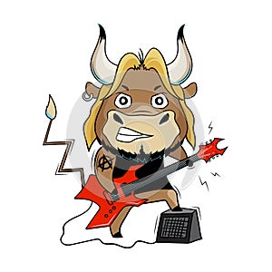 Cool bull plays red electric guitar. Musician at a concert. Cartoon symbol of 2021. Vector illustration