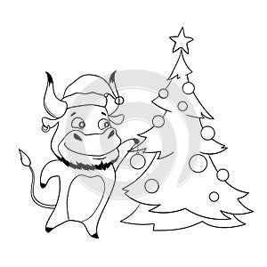 Cool bull in a santa hat decorating Christmas tree. Symbol of 2021. Vector illustration