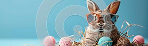 Cool Bunny in Shades with Easter Eggs & Gift Box - Happy Easter Greeting Card  - Isolated Blue Background