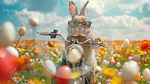 A cool bunny in sunglasses is sitting on a motorcycle in a fabulous field with flowers and Easter eggs.