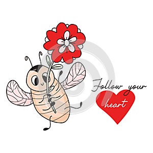 Cool card with ladybug. Enamored insect ladybird with flower. Follow your heart. Vector illustration in hand drawn