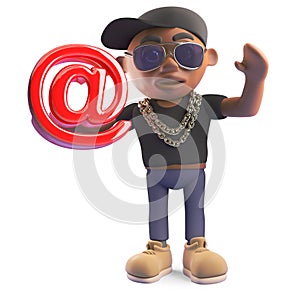 Cool cartoon black hiphop rapper holding email address symbol, 3d illustration