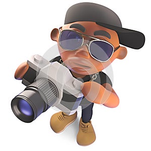 Cool cartoon black hiphop rapper taking a photo with a camera, 3d illustration