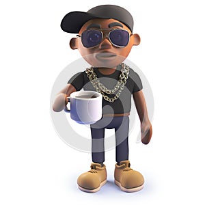 Cool cartoon black hiphopr rapper drinking a cup of coffee, 3d illustration