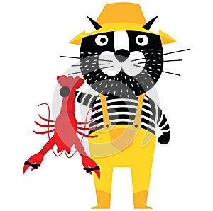 Cool cartoon cat like fisherman holding lobster.