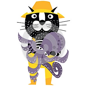 Cool cartoon cat like fisherman holding octopus.