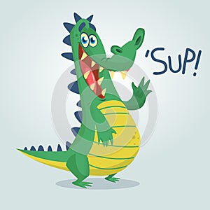 Cool cartoon crocodile or dinosaur. Vector illustration of a green crocodile