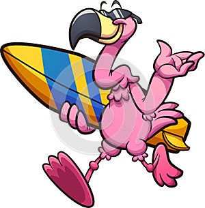 Cool cartoon flamingo with sunglasses walking and holding a surfboard