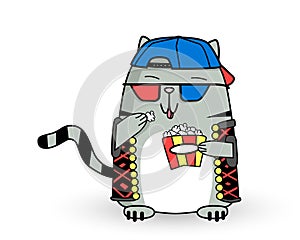 Cool cartoon gray cat mascot eat pop corn in cap, colorful vest, 3D glasses. Cute, funny striped pet character. Vector flat style