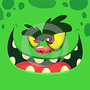Cool Cartoon Green Monster Face. Vector Halloween illustration of excited zombie monster with wide smile.
