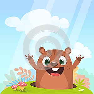 Cool cartoon marmot or chipmunk in major hat waving his hands looking out of its borrow on spring background. Vector illustration.