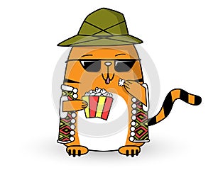 Cool cartoon red cat mascot eat pop corn in hat, colorful vest, sunglasses. Cute, funny striped pet character. Vector flat style