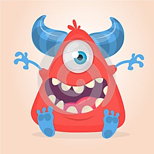 Cool cartoon red monster. Vector horned one eye cyclops monster screaming.