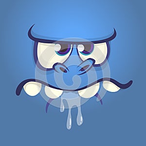 Cool Cartoon Scary Monster Face. Vector Halloween blue monster avatar square.