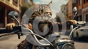 Cool cat biker on a motorcycle in a suit in