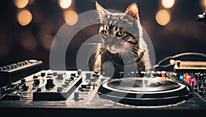 Cool Cat DJ Mixing Tracks at Nightclub Scene Generative AI