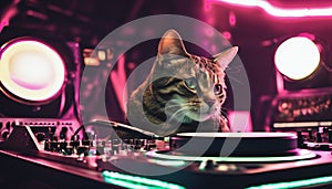 Cool Cat DJ Mixing Tracks at Nightclub Scene Generative AI