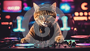 Cool Cat DJ Mixing Tracks at Nightclub Scene Generative AI