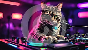 Cool Cat DJ Mixing Tracks at Nightclub Scene Generative AI