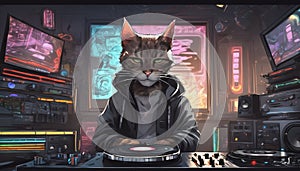 Cool Cat DJ Mixing Tracks at Nightclub Scene Generative AI