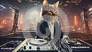 Cool Cat DJ Mixing Tracks at Nightclub Scene Generative AI