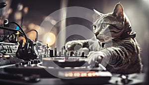 Cool Cat DJ Mixing Tracks at Nightclub Scene Generative AI