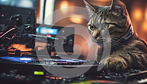 Cool Cat DJ Mixing Tracks at Nightclub Scene Generative AI