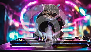 Cool Cat DJ Mixing Tracks at Nightclub Scene Generative AI