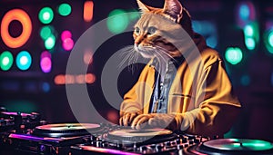 Cool Cat DJ Mixing Tracks at Nightclub Scene Generative AI