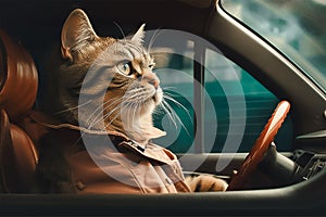 Cool cat driver wearing brown jacket in modern car, generative AI