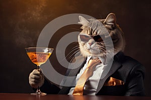 cool cat in elegant suit drinking cocktail AI generated
