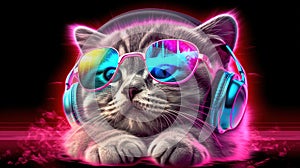 Cool cat in headphones and sunglasses listens to music. Close portrait of furry kitty in fashion style. Generative AI illustration