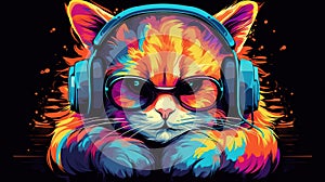 Cool cat in headphones and sunglasses listens to music. Close portrait of furry kitty in fashion style. Generative AI illustration photo