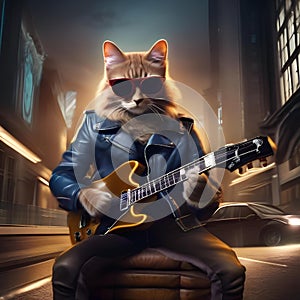 A cool cat in a leather jacket and shades, playing an electric guitar1