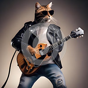 A cool cat in a leather jacket and shades, playing an electric guitar4