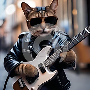 A cool cat in a leather jacket and shades, playing an electric guitar5