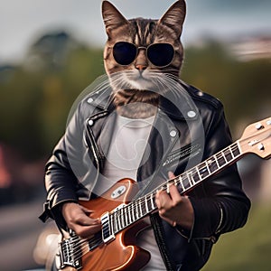 A cool cat in a leather jacket and shades, strumming an electric guitar on a stage1