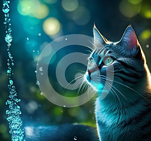 Cool cat looking the water droplets