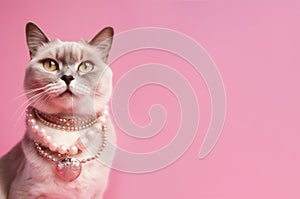 Cool cat with neckless on pink background. Fashionable appearance, be trendy. Copy space for text. Style and fashion