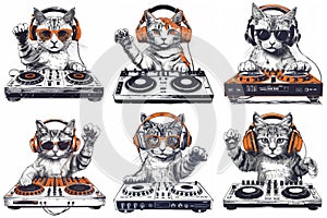Cool Cat Party. DJ Cats Jamming Out in Headphones and Sunglasses photo